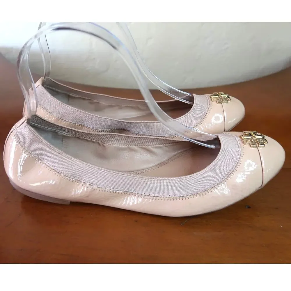 Tory Burch‎ Jolie Ballet Flats Patent Leather Cap Toe Light Oak Womens US 8M